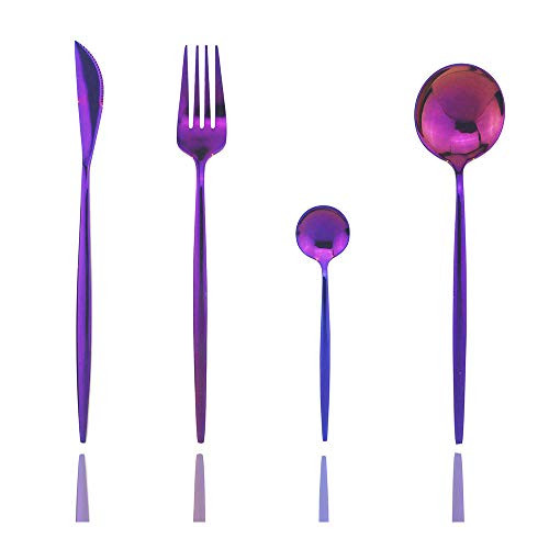JASHII Silverware Sets- 4-Piece Stainless Steel Flatware/Cutlery/Tableware Set Service for 1 Person- Include Knife/Fork/Spoon- Mirror Polished -Purple-