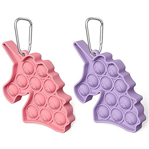 2 Pack Unicorn Simple Fidget Toy Keychains-Mini Pop Fidget Toy Stress Relief Hand Toys Keychain Push Pop Bubble Sensory Toy Wrap Pop Anxiety Stress Reliever Office Desk Toy Block Toys-Purple-Pink-