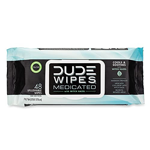 DUDE Wipes Medicated Flushable Wipes- Fragrance Free Wet Wipes with Witch Hazel- Vitamin E  and  Aloe- 48 Count