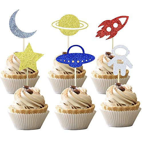 24 PCS Outer Space Cupcake Toppers Planet Rocket Moon Star Space Astronaut Cupcake Picks Space Theme Baby Shower Kids Birthday Party Cake Decorations Supplies