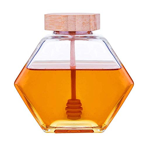 Honey dispenser- syrup dispenser- Honey jar?honey jar with wooden dipper and cork lid cover- suitable for home kitchen- transparent-