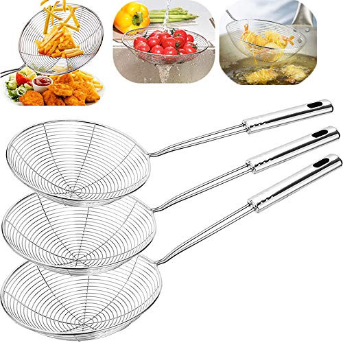 3 Pack Stainless Steel Skimmer Spoons Spider Strainer Skimmer-Large Steel Wire Skimmer with Handle-Kitchen Skimmer Ladle for Cooking-Frying-Pasta-Spaghetti-Noodle-5inch-6inch-7inch- 3 Pack Stainless Steel Skimmer Spoons Spider Strainer Skimmer-Large Steel Wire Skimmer with Handle-Kitchen Skimmer Ladle for Cooking-Frying-Pasta-Spaghetti-Noodle-5inch-6inch-7inch-