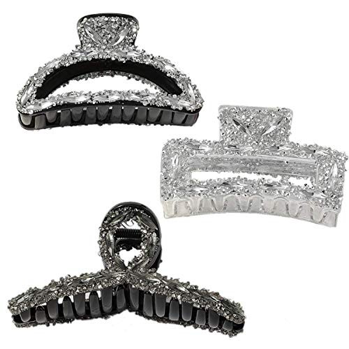 3 Pcs Hair Claw Clips- Non slip Large Girls Crystal Jaw Clips Hair Clamps Fashion Barrettes Claw Clips Hair Accessories for Girls and Women- Strong Hold for Thick or Thin Hair