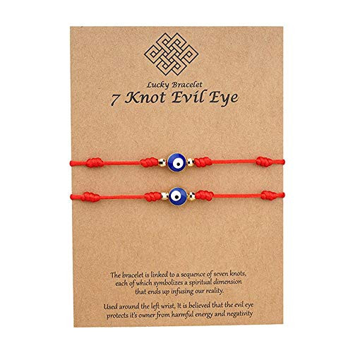 2Pcs/Set Evil Eye 7 Knot Lucky Bracelet Protection Good Luck String Bracelet Adjustable Red String Amulet Handmade Lucky String Bracelet Waterproof Lucky Bracelet for Women Men - Evil Eye B-Red