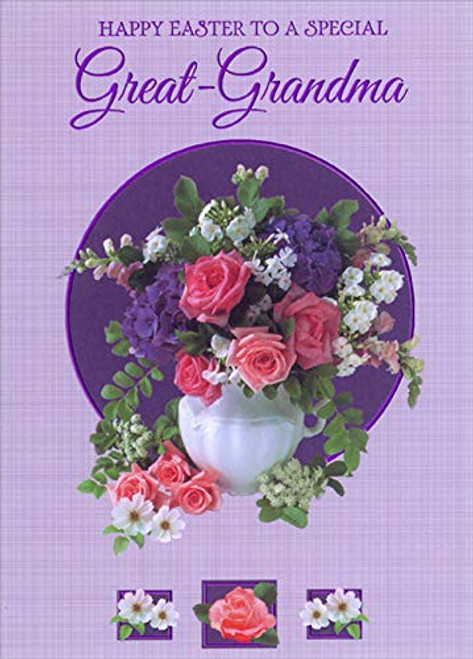 Designer Greetings Pink Flowers in White Vase Inside Purple Foil Bordered Circle Great-Grandma Easter Card Designer Greetings Pink Flowers in White Vase Inside Purple Foil Bordered Circle Great-Grandma Easter Card