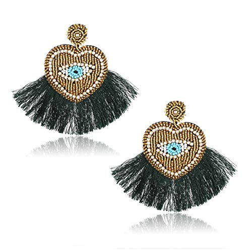 Evil Eye Tassel Earrings Statement Dangle Drop Earrings Beaded Heart Shape Earrings Boho Fringe Thread Earrings for Women -Green-