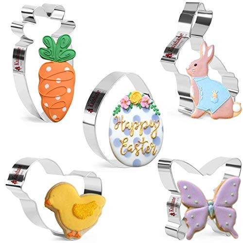 KAISHANE Easter Cookie Cutter Set-Easter Egg-Bunny-Carrot-Chick-Butterfly-5-piece Stainless Steel Easter Cookie Cutters.