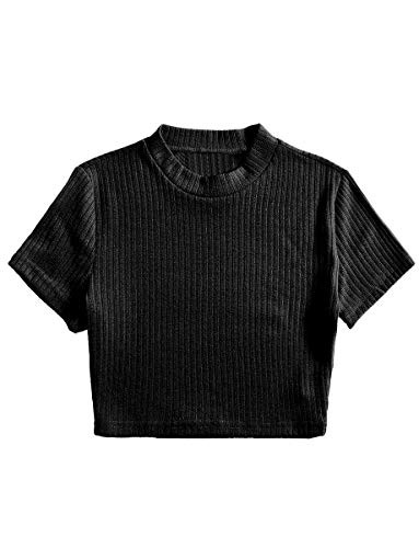 Romwe Women's Casual Ribbed Knit Cap Sleeve Mock Neck Crop Tops T Shirt Tee Black Plain M