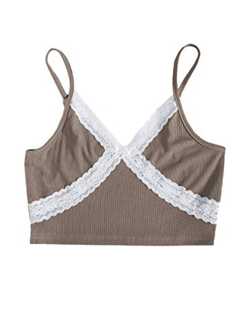 Verdusa Women's Contrast Lace V Neck Spaghetti Strap Ribbed Knit Crop Cami Top Walnut M