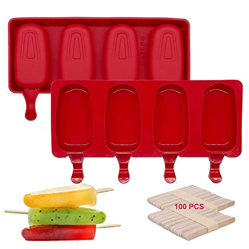 IMISUTD Silicone Popsicle Molds- Cakesicle Molds for Kids Mini- 2 Pack 4 Cavities Homemade Ice Pop Molds with 100 Popsicle Sticks- Cake Pop Mold for DIY Ice Cream -Red-