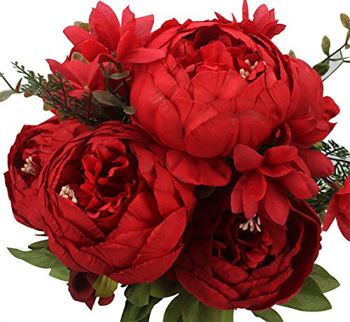 Duovlo Springs Flowers Artificial Silk Peony Bouquets Wedding Home Decoration,Pack of 1 (Spring Red)