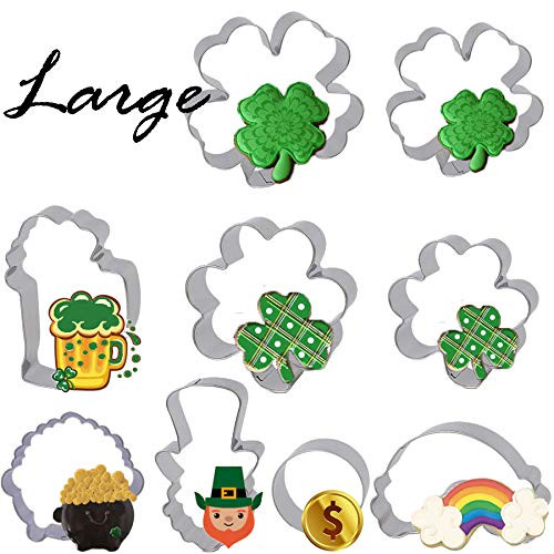 Bonropin Large 9PCS St Patricks Day Cookie Cutters Stainless Steel Cookie Mold Cutters Included Shamrock-Four Leaf Clover-beer mug-Coin- Leprechaun's head shapes-Pot of Gold-Rainbow
