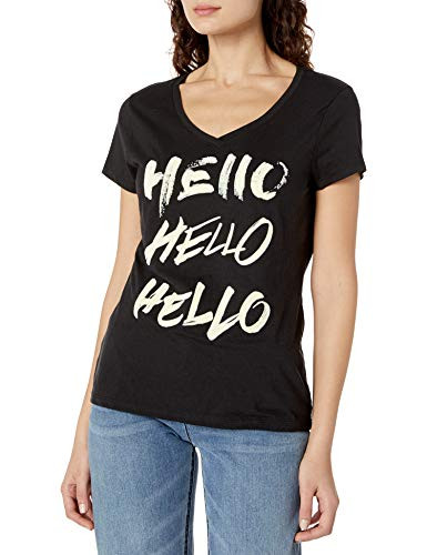 Hanes Women's Short Sleeve Graphic V-neck Tee- BLACK- X LARGE