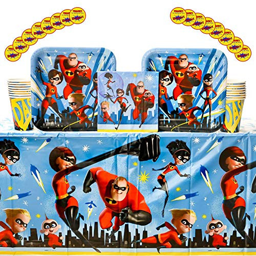 The Incredibles 2 Party Supplies Pack for 16 Guests: Stickers, Dinner Plates, Luncheon Napkins, Table Cover, and Cups The Incredibles 2 Party Supplies Pack for 16 Guests: Stickers, Dinner Plates, Luncheon Napkins, Table Cover, and Cups