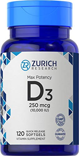 Vitamin D3 10000 IU 120 Softgels | 250 mcg | Quick Release | Gluten Free  and  Non-GMO Supplement | by Zurich Research