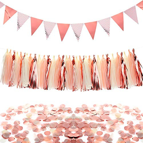 Chuangdi Rose Gold Party Decorations Set, Triangle Flags Bunting Pennant Banner Paper Tassels Garland and Paper Confetti Circles Table Confetti for Weddings Birthday