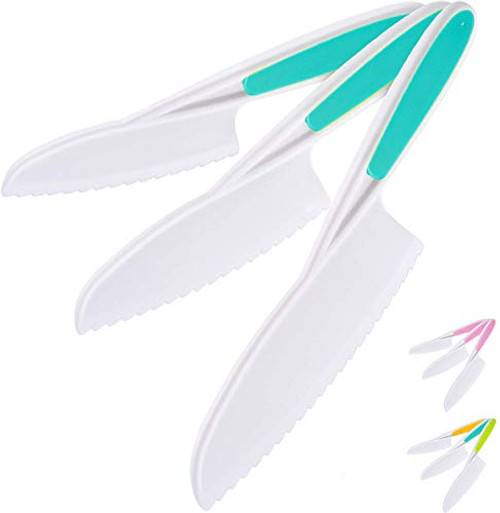RushTechn Kids Safe Plastic Knife- 3-Piece Kitchen Cooking Kid Nylon Knives-Children's Plastic Cutting Knife That Can Cutting Fruits Orange Vegetables Cake  and  Lettuce- Perfect Starter Knife Set-Blue-