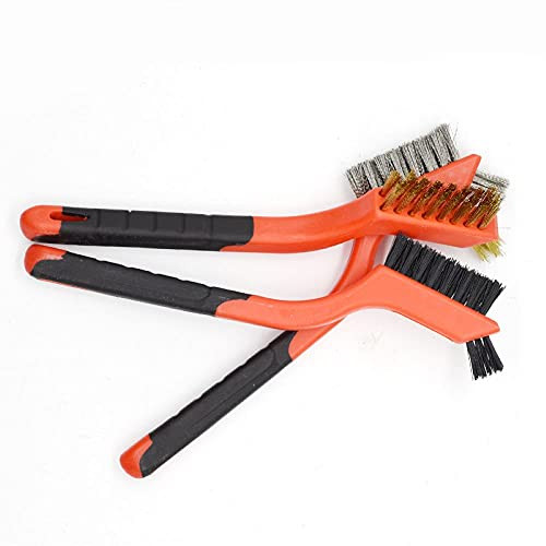 BAIHU Wire Brush Set 3Pcs - Nylon/Brass/Stainless Steel Bristles with Curved Handle Grip for Rust- Dirt  and  Paint Scrubbing with Deep Cleaning 7 Inches