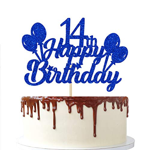 Blue Glitter Happy 14th Birthday Cake Topper - 14 and Fabulous- Hello 14/Cheers To 14 Years - 14th Birthday/14th Balloon Party Decorations Supplies