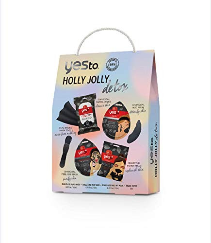 Yes To Tomatoes Detoxifying Charcoal Facial Kit - Wipes 10 Ct- Single Use Mud Mask- Single Use Peel-Off Mask- Single Use Paper Mask-  and  Dual-Ended Mask Tool