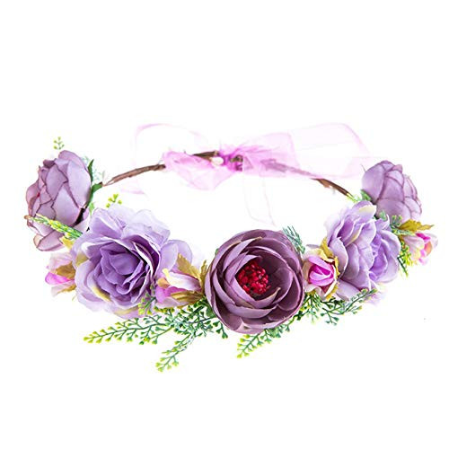 Funsveta Women Rose Flower Headband Floral Crown Garland Halo Wedding Festivals Photo Props -purple-
