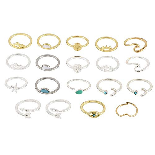 19PCS Knuckle Rings for Women Gold Silver Plated Stacking Rings Set Girls Moon Satr Wave Compass Arrow Finger Rings Friendship Gifts