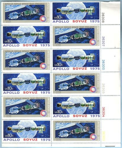 1975 APOLLO-SOYUZ MISSION 1570a Plate Block of 12 x 10 cent US Postage Stamps