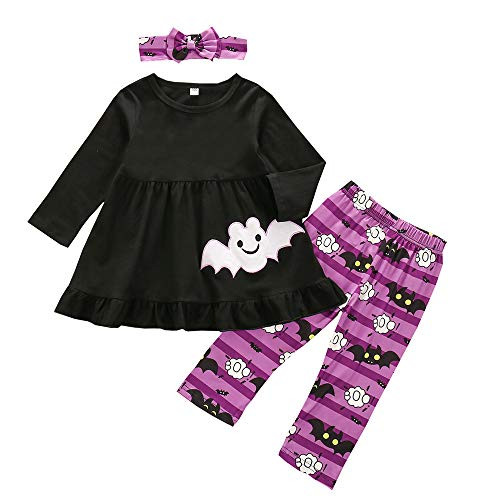 Toddler Baby Girls Halloween Outfits Ruffle Tunic Tops Dress Bat T-ShirtPlusLeggings Pants Headband Fall Clothes Set -Black  and  Purple 3Pcs- 12-18 Months-