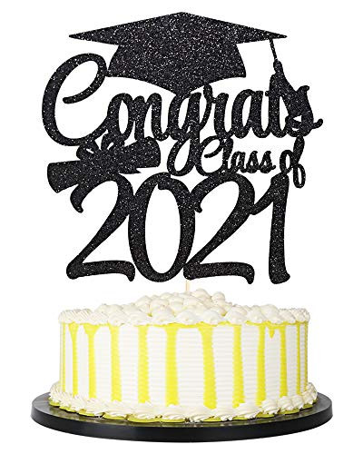 palasasa Black Glittery Congrats Class of 2021 Cake Topper - 2021 Congrats Grad Cake Topper for Graduation Party Decorations Graduate Supplies -Black-