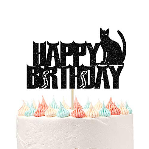 Happy Birthday Cat Cake Topper- Cat Birthday Theme Pet Party Decoration Supplies Black Glitter.