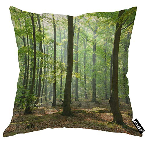 AOYEGO Tree Throw Pillow Cover Botanical Leaf Plant Forest Light Wooden Shine Fog Branch Nature Foliage Pillow Case 16x16 Inch Decorative Cotton Linen Square Cushion for Home Couch Bed