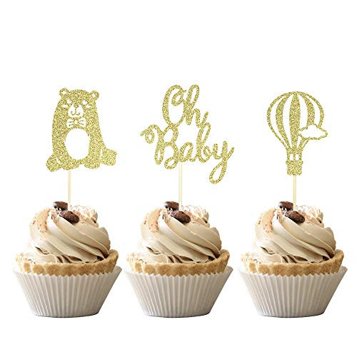 24 PCS Oh Baby Cupcake Toppers Gold Glitter Hot Air Balloon Bear Cupcake Picks Baby Shower Kids Birthday Party Cake Decorations Supplies