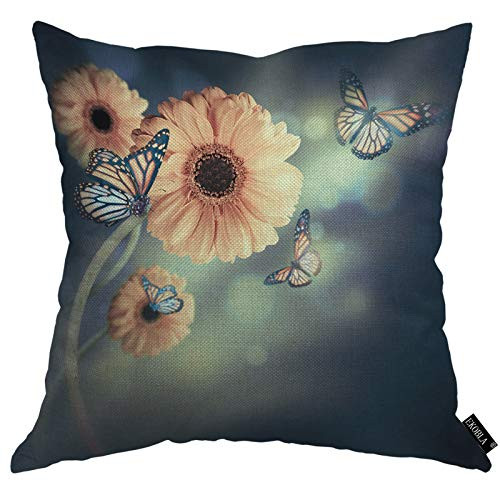 EKOBLA Butterfly Throw Pillow Cover Gerbery in The Rays Summer Romantic Purple Stem Blooming Plant Cozy Square Cushion Case for Men Women Boys Girls Room Home Decor Cotton Linen 18x18 Inch