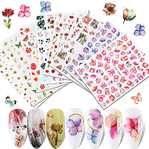 Flowers Nail Art Stickers Decals- 3D Nail Art Supplies Spring Blossoms Floral Nail Art Stickers Self-Adhesive Slider Foil with Dry Flower Leaves Butterfly Design Manicure DIY Nail Decorations 8 Sheets