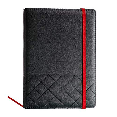 Elegant Journal Notebook- 80 Pages Lined Notebook- Black Microfiber Hardcover with Quilted Stitch Pattern- Red Elastic Closure.