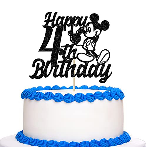Black Glitter Happy 4th Birthday Cake Topper - Mickey 4th Birthday Cake Topper - Four Year Old Mickey Mouse Theme Party Decoration Supplies