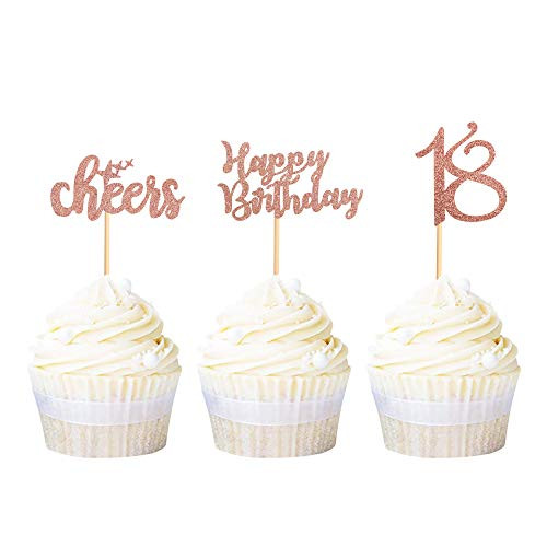 Ercadio 36 Pack Rose Gold Glitter 18th Happy Birthday Cupcake Toppers Number 18 Eighteen Cheers Cupcake Picks 18th Birthday Anniversary Party Cake Decorations