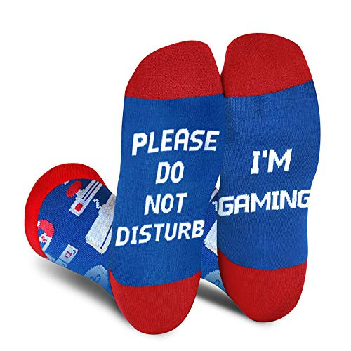 Gaming Gamer Socks for Men Women - Do Not Disturb I'm Gaming Socks-Funny Novelty Crew Socks-Gamer Gifts for Mens Teen Boys Cotton Socks-Game Lovers Gift- Blue Red