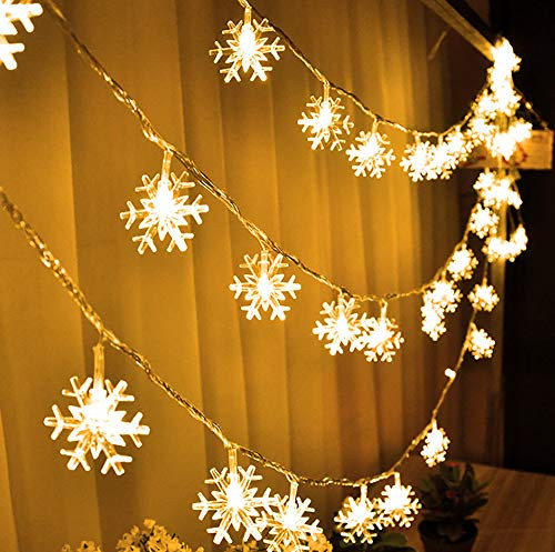 FUNPENY 80 LED Christmas Snowflake String Lights- 32ft Snow Decorative Light with 8 Modes- Battery Operated Christmas Fairy Light for Xmas Party Decor Indoor Outdoor- Warm White -Battery Not Include-