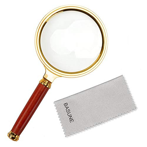 BASUNE 10X Handheld Magnifier- Reading Magnifier Loupe Glasses 10X with Rosewood Handle for Book and Newspaper Reading- Insect and Hobby Observation- Classroom Science -Metal Frame-