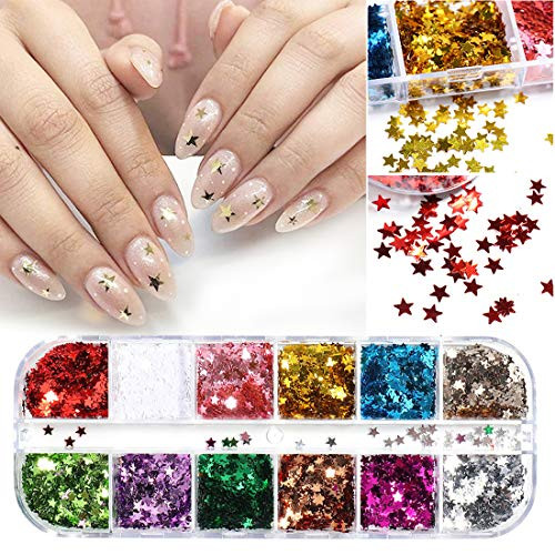 Star Nail Art Glitter 12 Colors Nail Sequins Solid Color Star Nail Sparkle Glitter Flakes Sticker Decals DIY Decorations Manicure for Nail Art Craft Makeup kit
