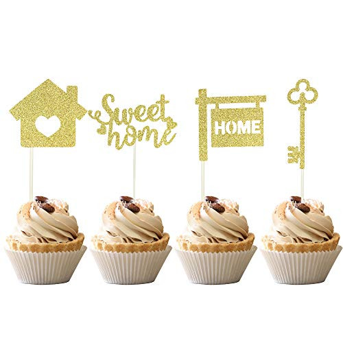 36 PCS Sweet Home Cupcake Toppers Gold Glitter key Housewarming Cupcake Picks New Home Theme Party Cake Decorations Supplies