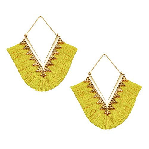Statement Tassel Earrings- Delicate Bohemian V Shap Tassel Hoop Earring Elegant Fringe Drop Dangle Earrings for Women Girls -Yellow-