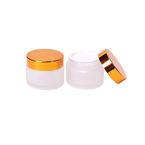 2 PCS 50g Refillable Frosted Glass Cosmetic Cream Jar Bottle?Empty Round Glass Jars-Makeup Sample Containers BPA free Pot for Cosmetic- Lotion- Cream -Golden-