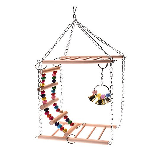 CHXIHome 2 Layer Parrots Bird Hanging Ladder Swing Wooden Bridge Climb Pet Toys- Bird Toy Cableway Hanging Ladder Swing Bridge