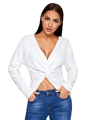 Milumia Women's Twist Front Drop Shoulder V Neck Long Sleeve Solid Tee Tops White Large