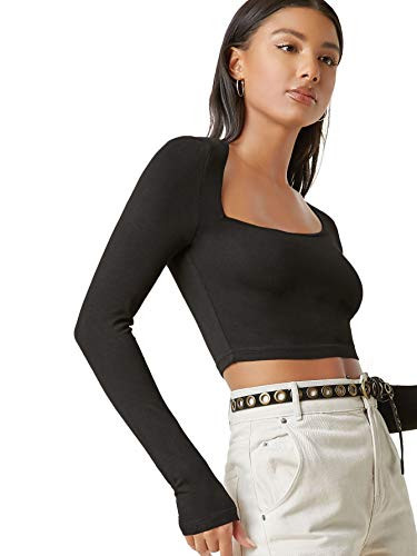 Floerns Women's Long Sleeve Crop Tops Solid Asymmetrical Neckline Shirt Black S