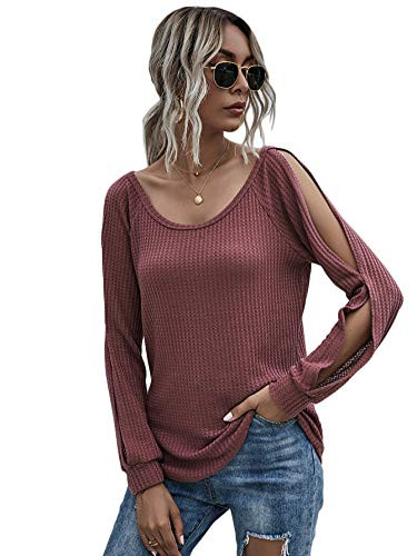 Romwe Women's Waffle Knit Tops Split Long Sleeve Solid Casual T-Shirt Tee Redwood M