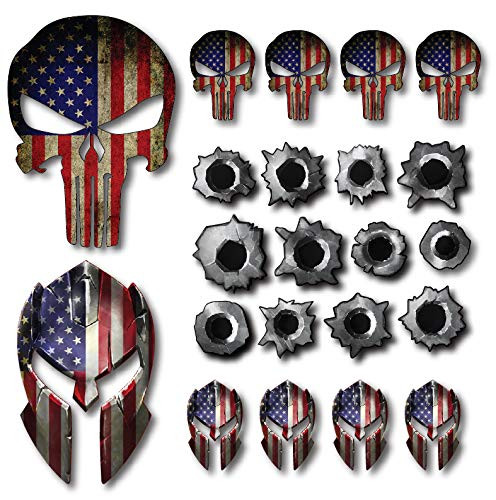Variety Pack of 22 Spartan Helmet Punisher Skull Bullet Hole Decals Molon Labe Decal Sticker Sniper USA Flag (22 Pack)
