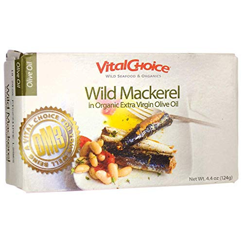 Vital Choice Wild Mackerel in Organic Extra Virgin Olive Oil 4.4 oz -124 Grams- Can